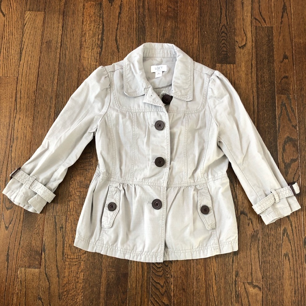 Ann Taylor LOFT Women’s S Petite Light Gray Denim 3/4 Sleeved Blazer Jacket EUC!